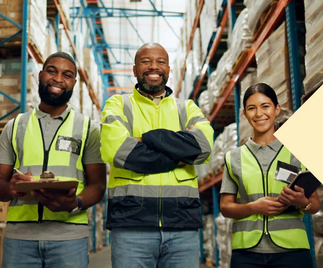 Three frontline employees smiling at a camera