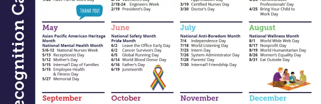 A graphic that shows all the national days and weeks that you can use to recognize staff in 2024.